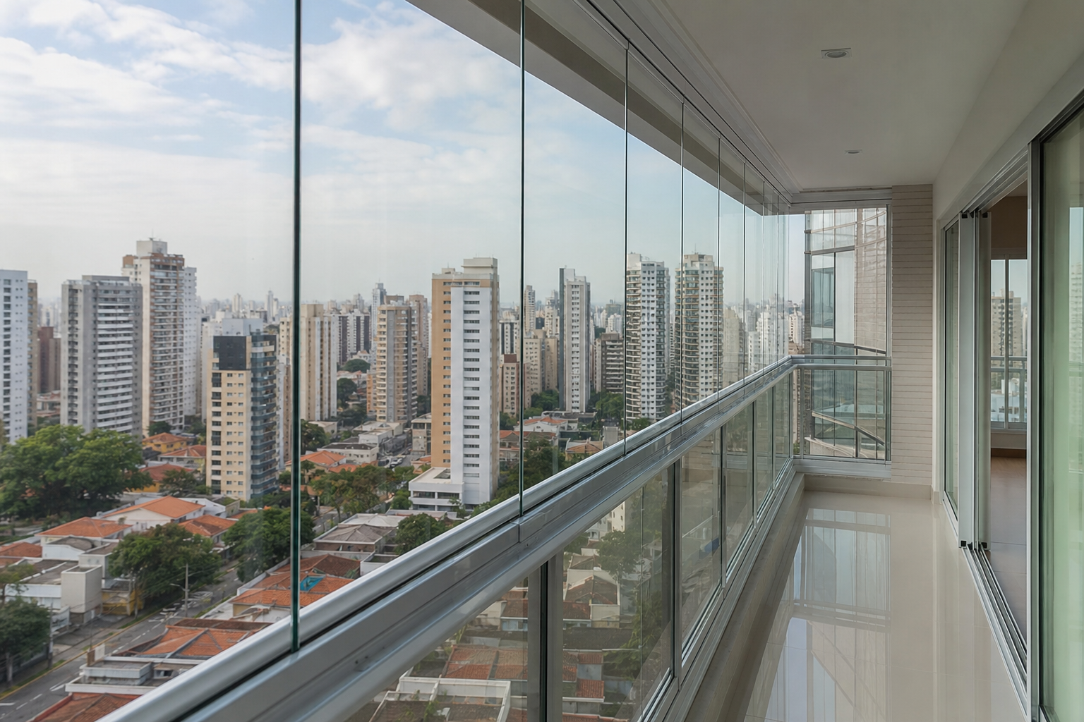 Sala integrada com painéis de vidro do piso ao teto