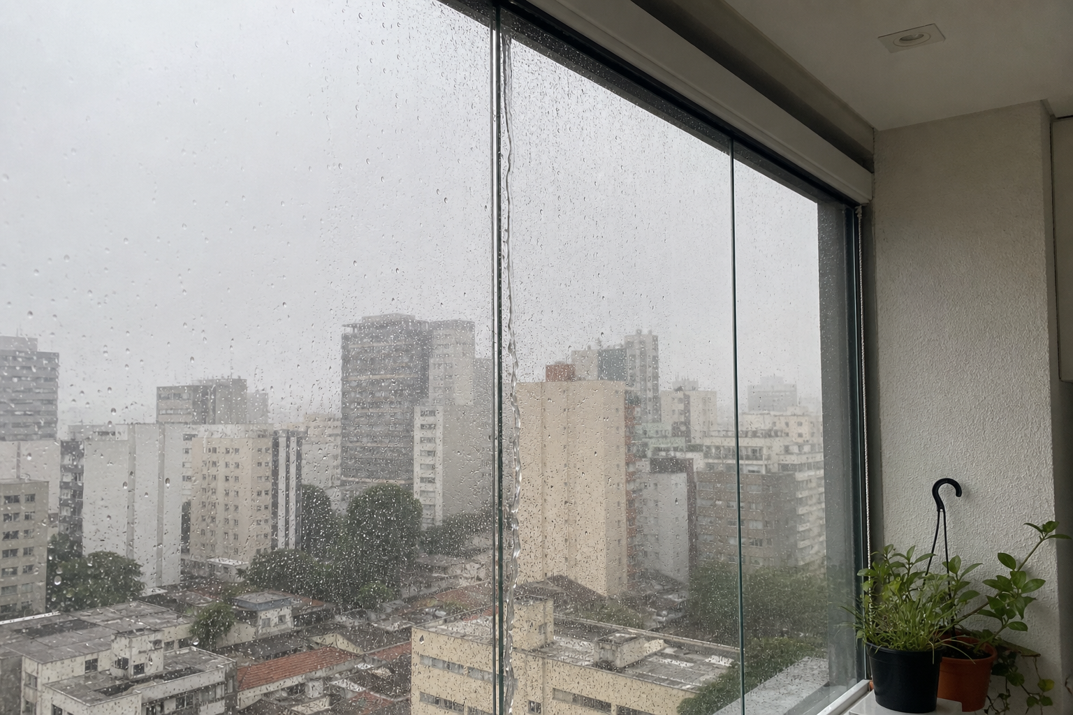 Água da chuva infiltrando pela fresta entre painéis de vidro da sacada envidraçada