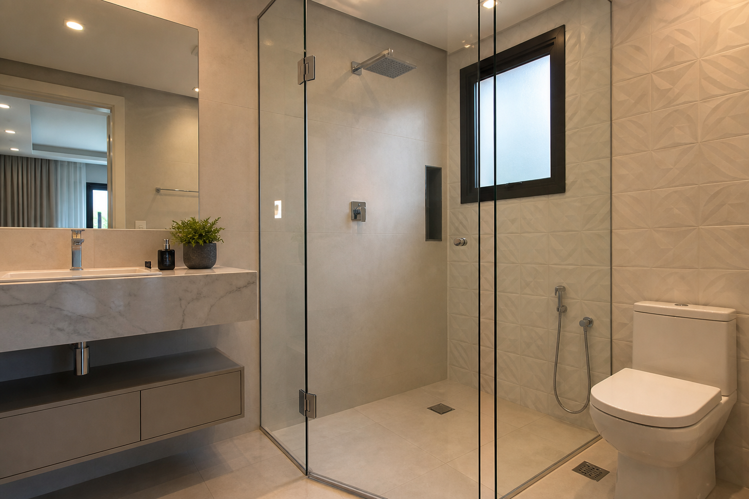 Ambiente residencial com box e painéis de vidro temperado